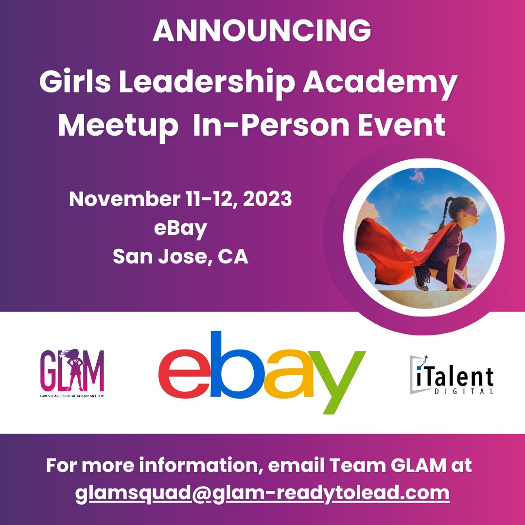GLAMReadyToLead's tweet photo. SO EXCITED to announce a second in-person, live #GLAMEvent for 2023! @GLAMReadyToLead is partnering with long-time supporters, @eBay, to offer our #STEAM and #LeadershipProgram to girls 8-12 in the San Jose, CA area. 💥
#GLAMReadyToLead #eBay #iTalentDigital https://t.co/b8OQigViaw