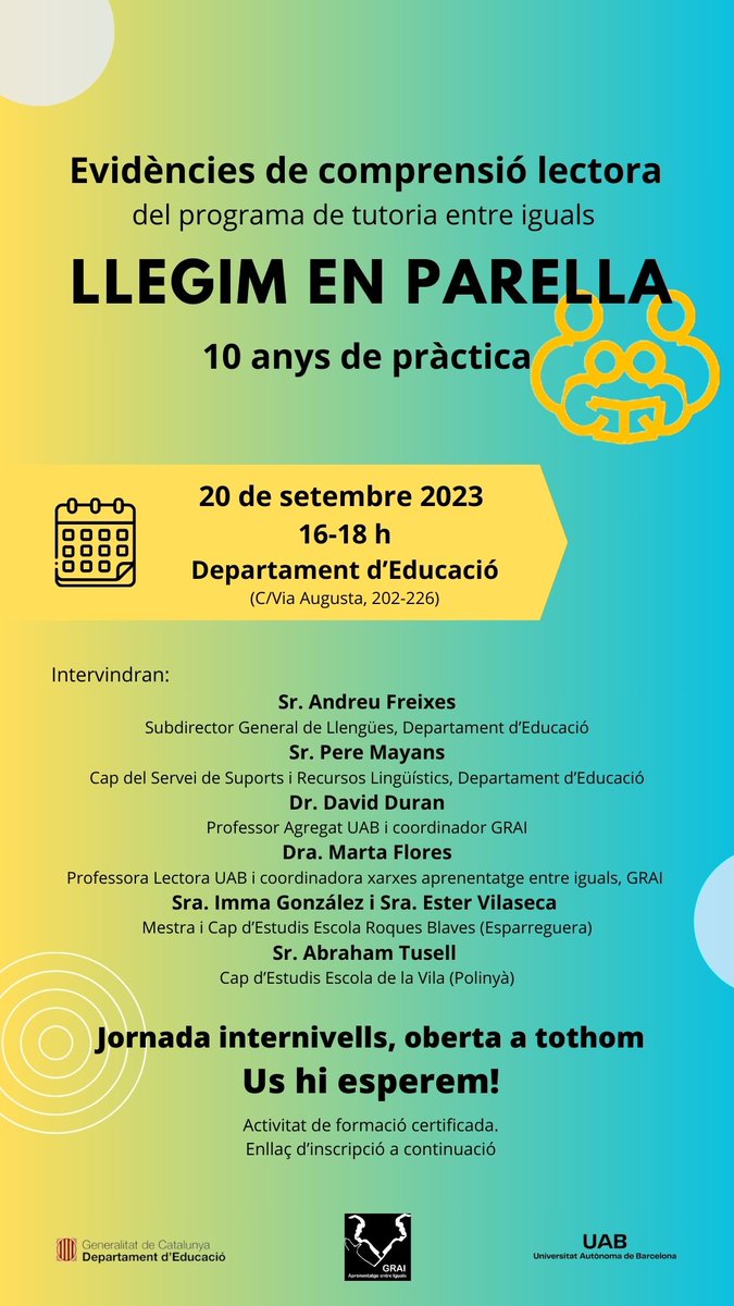 GraiUab's tweet image. Molt contents de poder compartir amb la comunitat educativa les evidències en #comprensiólectora després de 10 anys de pràctica en centres catalans del programa de #tutoriaentreiguals Llegim en parella. 

aprenentatgeentreiguals.blogspot.com/2023/09/jornad…