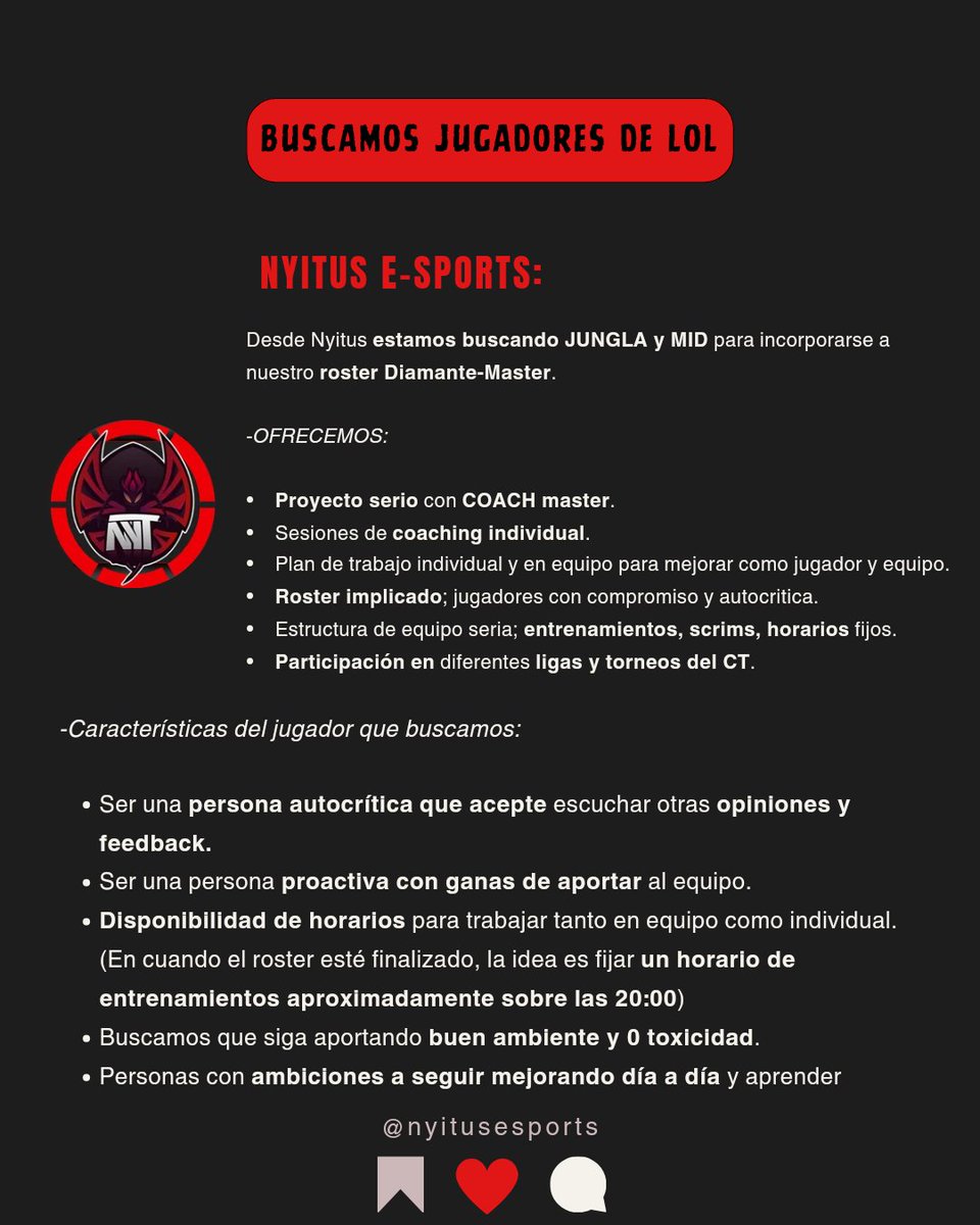 Nyitusesports's tweet photo. ♦️ ATENCIÓN ♦️

BUSCAMOS 2 JUGADORES LFT DE LEAGUE OF LEGENDS QUE CUBRAN LOS ROLES DE JUNGLA Y MID PARA LOS FUTUROS TORNEOS DEL TEAM!! https://t.co/f1x2W3wPQF