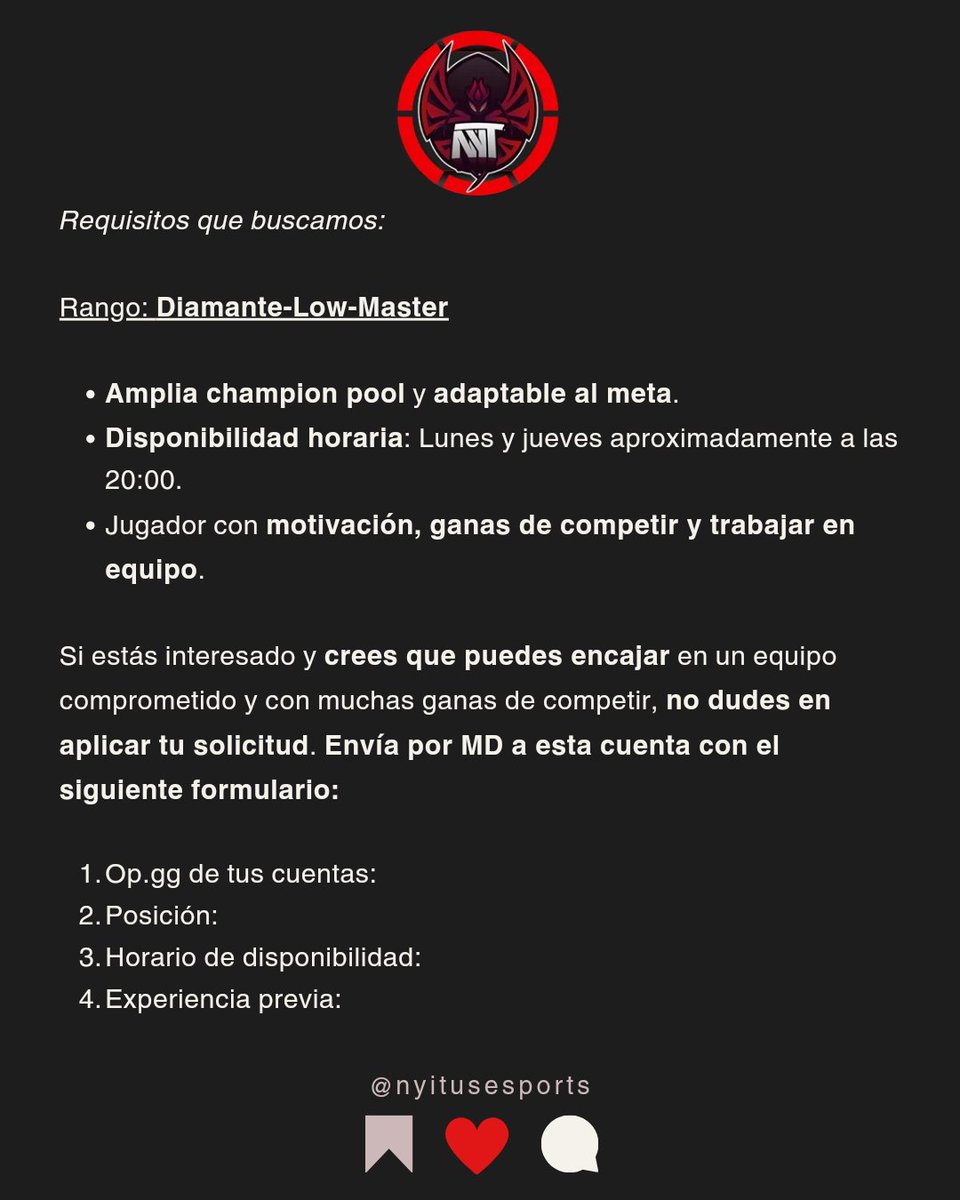 Nyitusesports's tweet photo. ♦️ ATENCIÓN ♦️

BUSCAMOS 2 JUGADORES LFT DE LEAGUE OF LEGENDS QUE CUBRAN LOS ROLES DE JUNGLA Y MID PARA LOS FUTUROS TORNEOS DEL TEAM!! https://t.co/f1x2W3wPQF