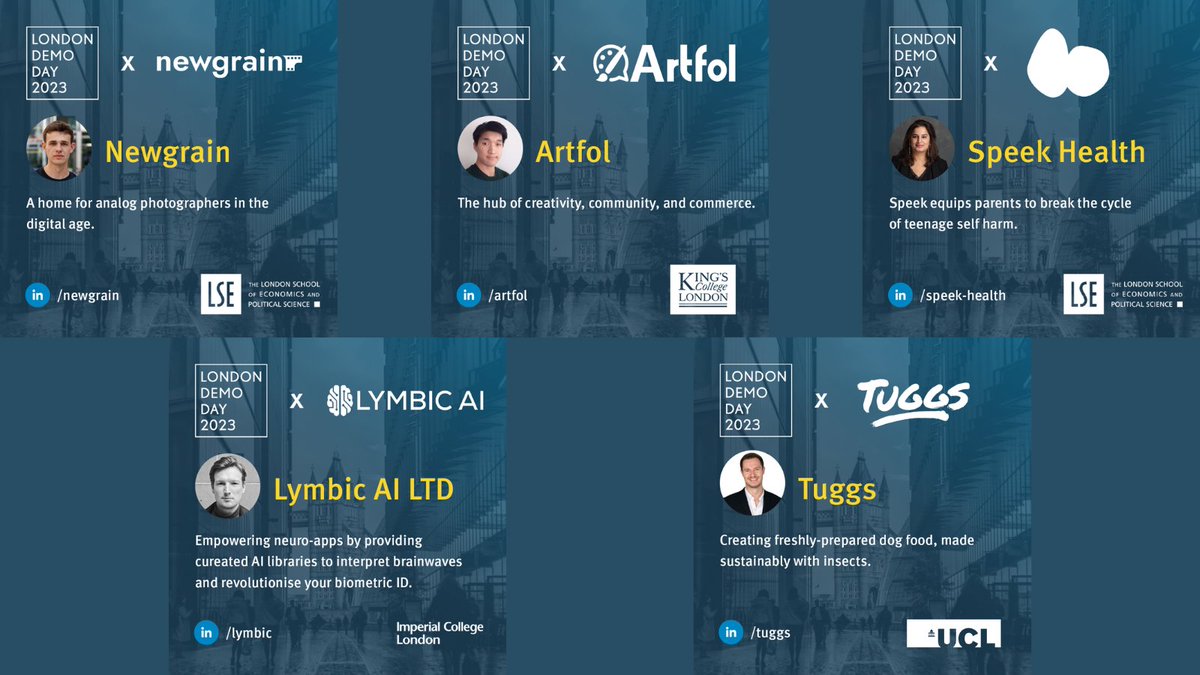 InnovateKings's tweet photo. Halfway! 👏 The next five on stage are:
👉 Newgrain (@LSEnews, @LSEGenerate)
👉 Lymbic (@Imperial, @ICEnterpriseLab)
👉 Artfol (@KingsCollegeLon, @artfolapp)
👉 Tuggs (@UCL, @UCLEnterprise)
👉 Speek Health (@LSEnews, @LSEGenerate, @speekhealth)
#LDD23 #LondonDemoDay2023 https://t.co/HyoHdNjkzl
