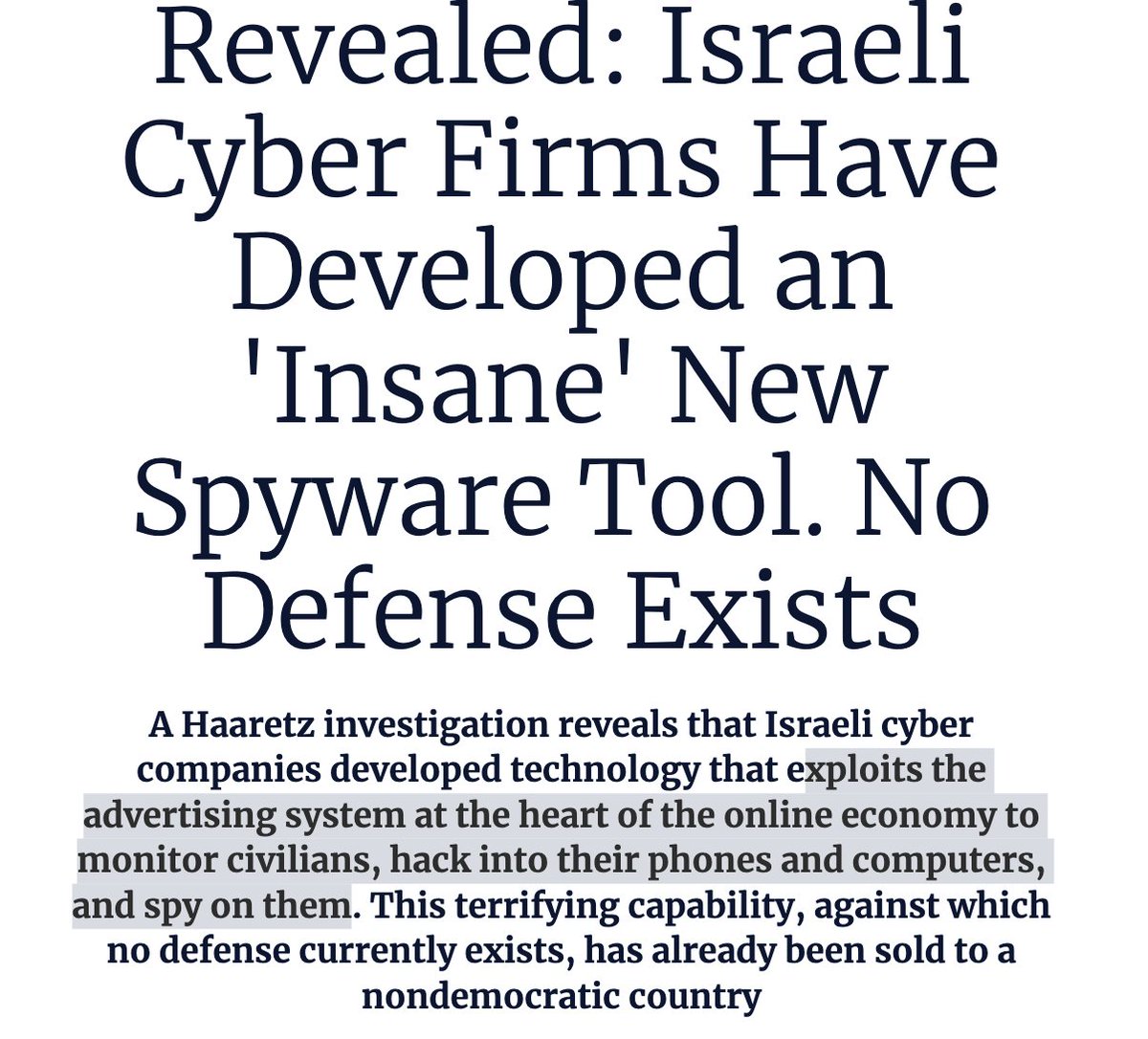 Block ads on your networks now. The system designed to follow us around the net with ads is now a blinking national security & human rights threat. By @omerbenj haaretz.com/israel-news/20…