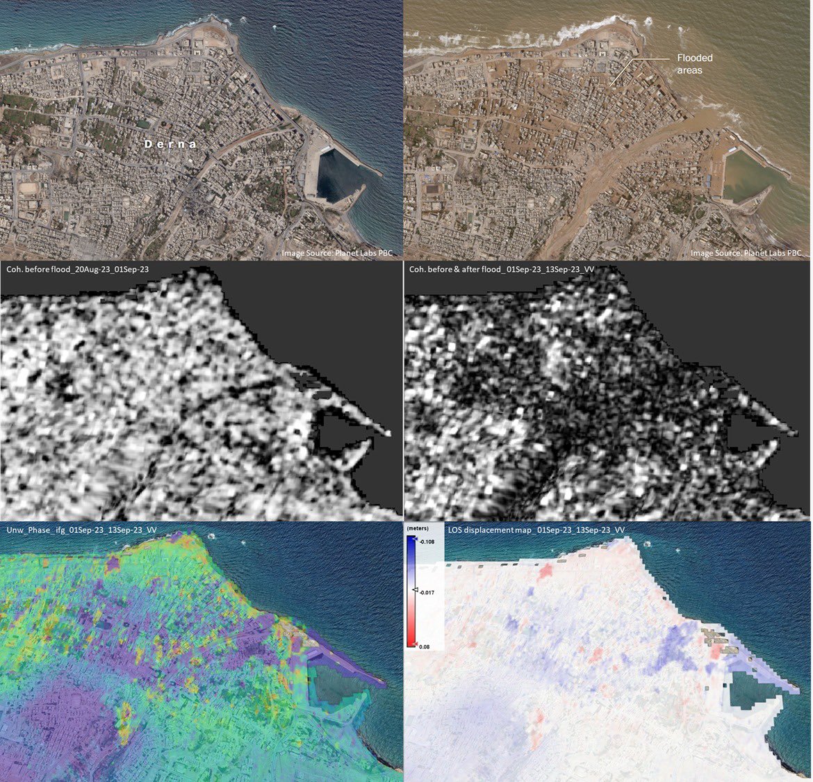 RNasirzadehD's tweet image. Can InSAR detect flooded areas effectively? Amidst recent flooding in Libya, the need for advanced disaster management tools is evident. InSAR&apos;s potential to identify unique signatures, including possible residuals, in flooded regions warrants exploration. 
#FloodDetection #InSAR