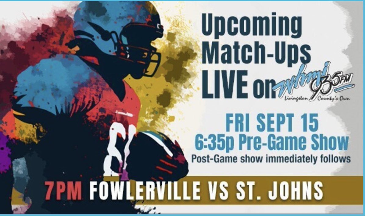 Grudge match coming up on the <a href="/WHMI/">WHMI</a> High School Football🏈Game of the Week <a href="/Fville_Football/">Fowlerville Football</a> hosts the Red Wings of <a href="/StJohnsSports/">Redwings</a> !

Pre game at 6:35 with <a href="/LawtonLunce/">Lawton Lunce</a> &amp; the live call at 7 with me &amp; the <a href="/WooleyMammoth85/">Ryan Wooley</a> on 93.5FM &amp; streaming on WHMI.com 

Be there!