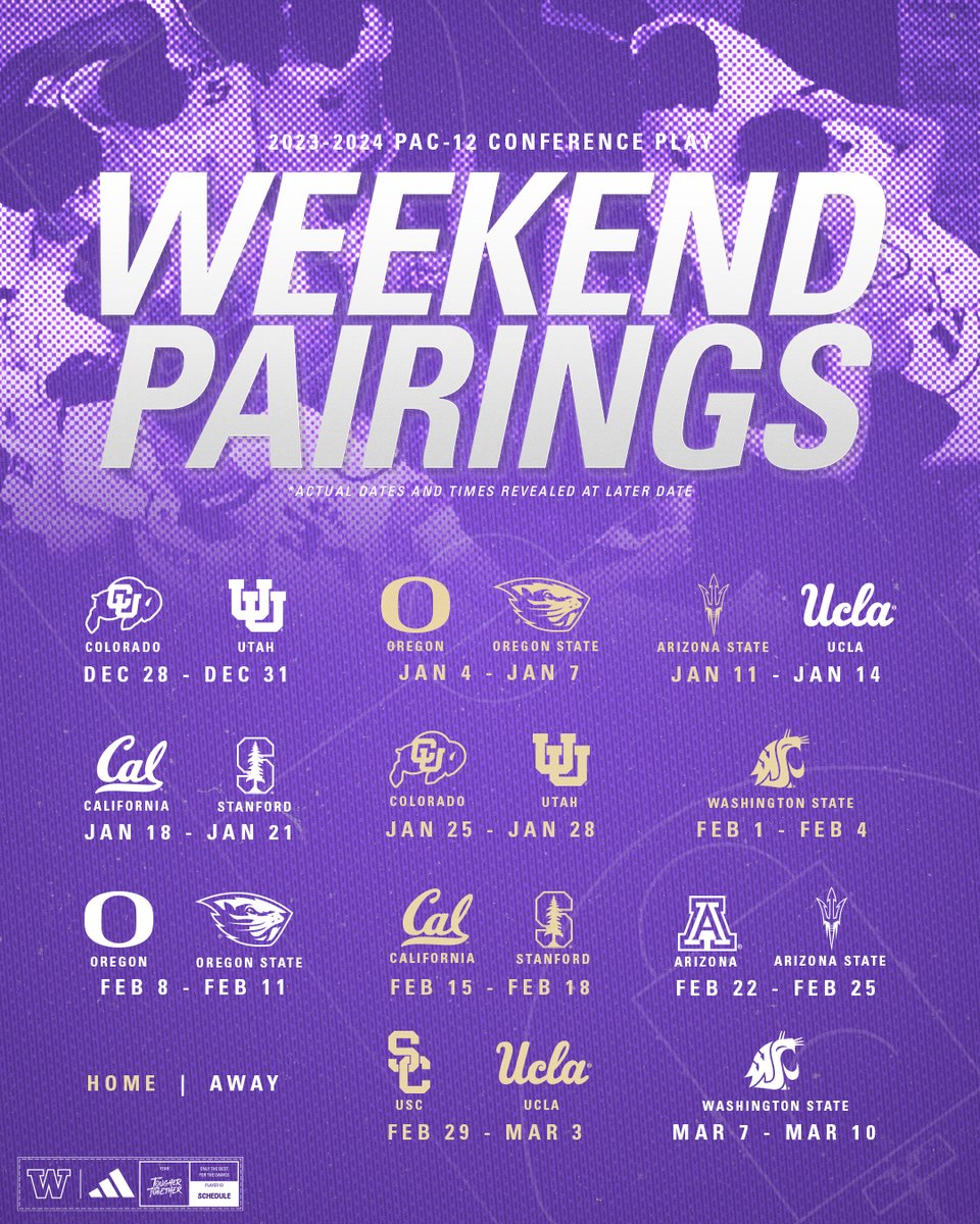 UW_MBB's tweet photo. 🗓️ 🚨 @pac12 schedule release  

Weekly pairings for the 2023-24 season are here!   

#TougherTogether x #Devoted https://t.co/LfQLf9gw9q