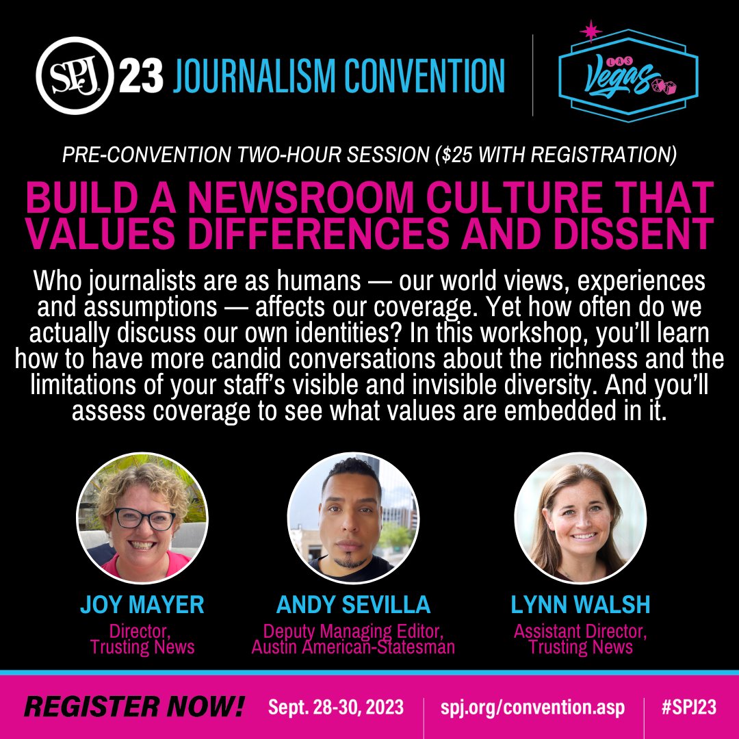 See you at #SPJ23?👀 Sign up for our pre-convention workshop (with @mayerjoy, @lwalsh of @trustingnews and @MrAndySevilla of @statesman) when you register for the @spj_tweets convention -- space is limited! spj.org/convention-bre…