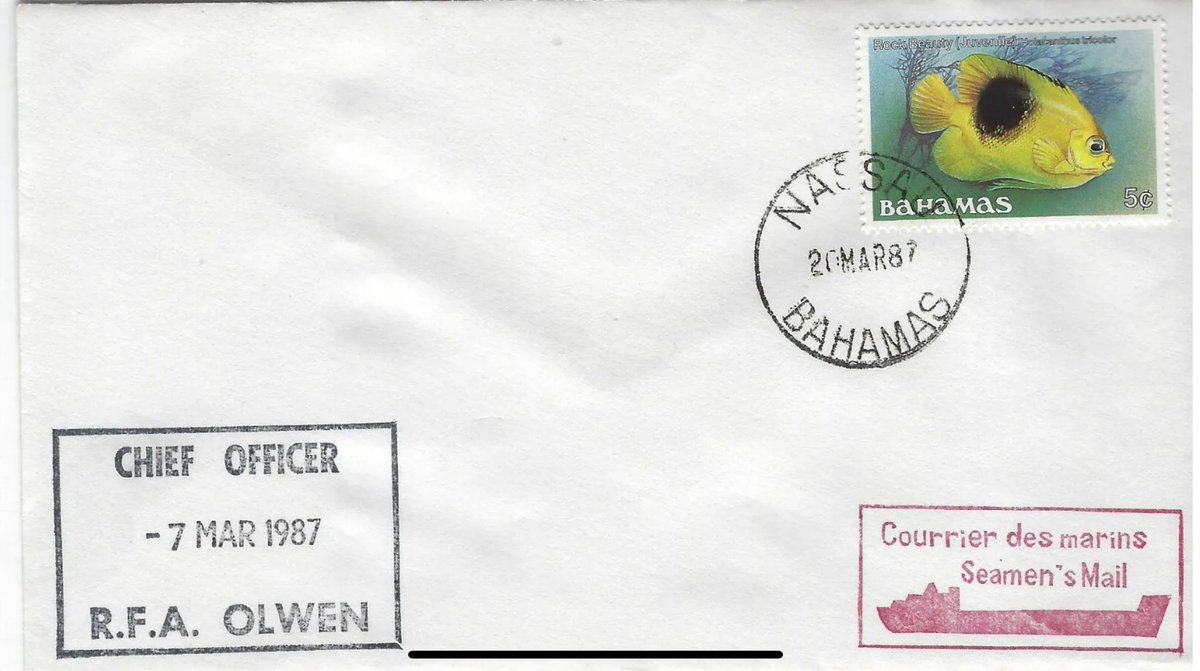 RFAPhilately's tweet photo. ✉️ Royal Fleet Auxiliary (RFA) Envelope 📮
🇧🇸 Bahamas, 5c stamp fish 🐠 stamp
Cancelled:Nassau-20 Mar 87- Bahamas Cachet: 
1. Chief Officer -7 Mar 1987 R.F.A Olwen
2. Courrier des marins / Seamen’s mail
#RFA #RFAPhilately #Philately #Stamps #FishOnStamps #StampsTellHistory https://t.co/Hnhd2KlIiZ