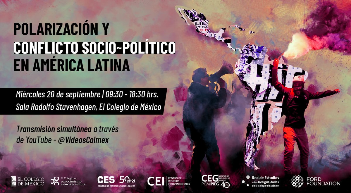 👉 Aparta tu agenda para el #seminario "Polarización y conflicto socio-político en América Latina".

📅 Miércoles 20 de septiembre
⏰ 09:30 a 18:30 hrs.
📌 Sala Rodolfo Stavenhagen

Programa completo: agenda.colmex.mx/Actividad/3459…