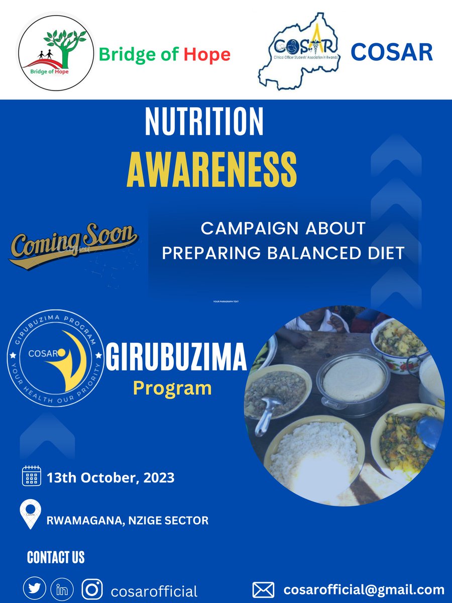 CosarOfficial's tweet photo. Save the date!! October 13th is the opportunity for the @NzigeSector community to master preparing a balanced diet through #GIRUBUZIMAPROGRAM in collaboration with @BridgeofHope6 Join us and be a part of the impact! #Registerhere https://t.co/WPIrDitzCW not later that 02-10-2023 https://t.co/FsJ6SkAVRM