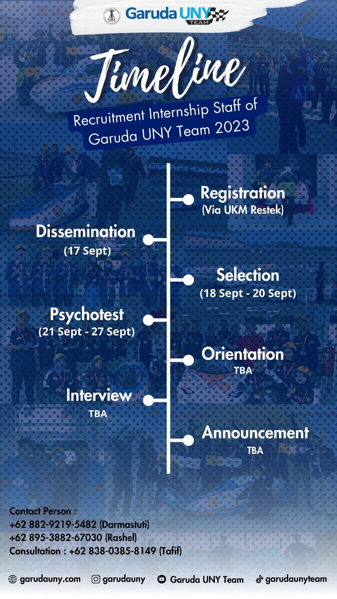 Hallo all.. Who's ready to be the next Garuda? 

Here's the timeline of our open recruitment and make sure u don't miss every single step! 

Follow and turn on the notification of our Instagram <a href="/garudauny/">Garuda UNY</a> for more detail information

#GarudaUNYTeam
#LetsFlyHigh
#GarudaUNYTeam2023