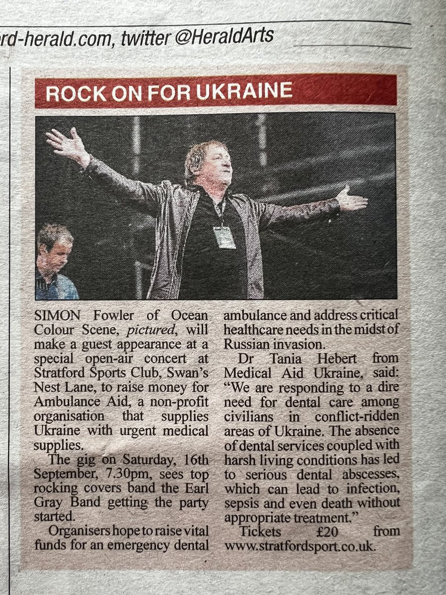 Ambulance Aid Ltd (@ambulanceaidltd) on Twitter photo Live music at Stratford Sports Club
£20 tickets in aid of Ambulance Aid for Ukraine.
Dance to The Earl Gray Band and Ocean Colour Scene’s Simon Fowler.
This Saturday, 7:30
Free parking
stratfordsport.co.uk/Events/Calenda….
Thank you to <a href="/HeraldNewspaper/">Stratford Herald</a> Live music at Stratford Sports Club
£20 tickets in aid of Ambulance Aid for Ukraine.
Dance to The Earl Gray Band and Ocean Colour Scene’s Simon Fowler.
This Saturday, 7:30
Free parking
stratfordsport.co.uk/Events/Calenda….
Thank you to <a href="/HeraldNewspaper/">Stratford Herald</a>