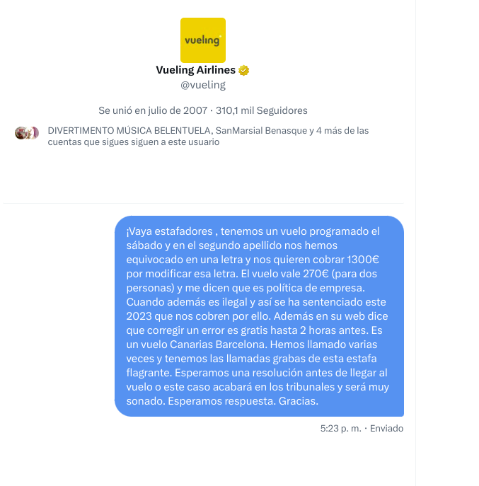 SkylineNights's tweet photo. @vueling Ya os los he enviado antes de que mandéis este mensaje público. Así que me hace pensar que esta respuesta es para "quedar bien" pero ni siquiera os lo habéis leído. Espero respuesta por privado. Gracias. 

PD: Adjunto captura del mensaje a las 5:23pm antes de este mensaje vuestro https://t.co/8huVmkewni