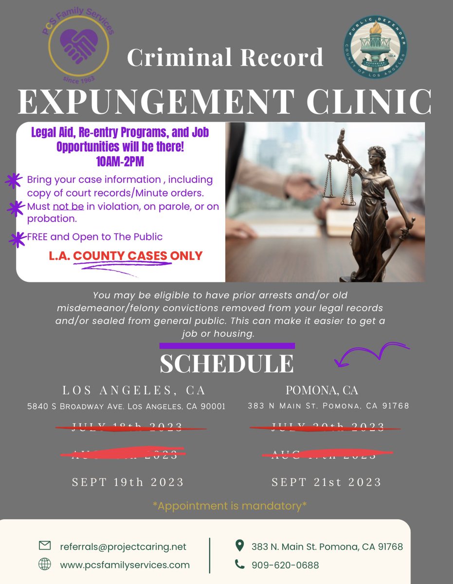 SEPTEMBER EXPUNGEMENT DATES❗️Call (909)620-0688 or email us at referrals@projectcaring.net to register for our next Expungement Clinic in Los Angeles and Pomona

#nonprofit #nonprofitorganization #expungement #expungementclinic #recordexpungement #fyp