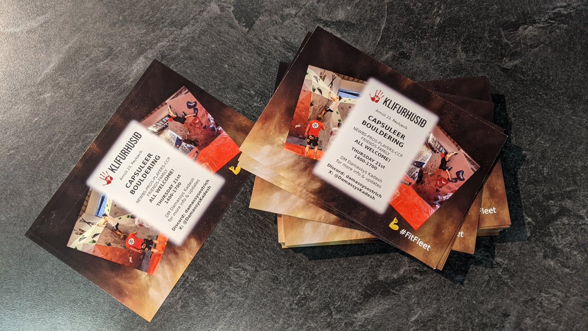 Hey #tweetfleet one week until #FitFleet bouldering at #EVEfanfest 🤘💪 I'm going to mercilessly agro ppl with these little promo handouts 😁