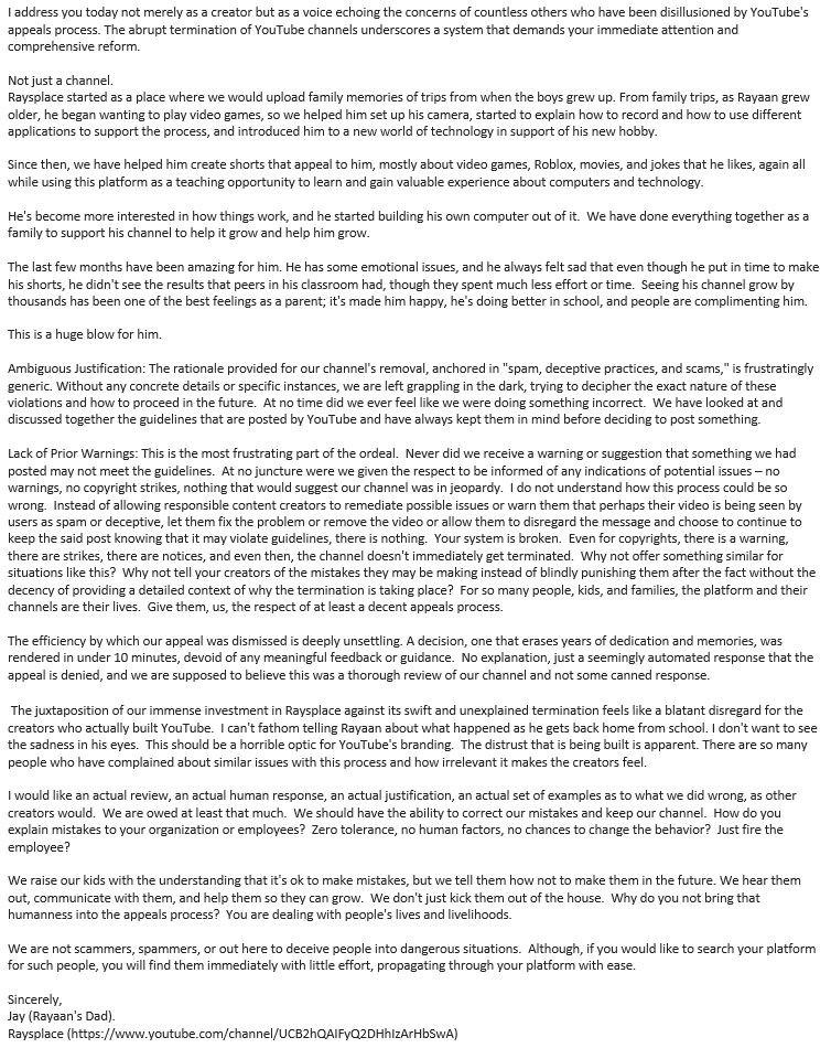 JAYnksy's tweet image. @cadale a letter to your CEO about the flaws in YT&apos;s #appealsprocess and #channeltermination.  You can do better.