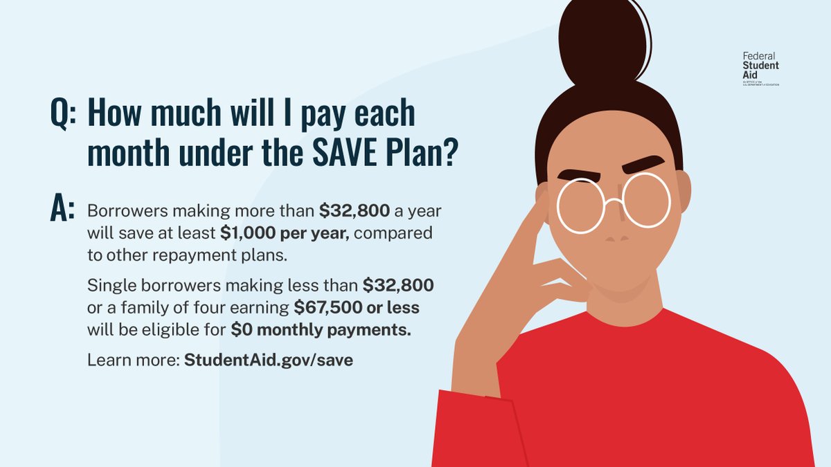 The Saving on a Valuable Education (SAVE) Plan calculates your monthly payment based on your income and family size.
See what your monthly payment could be using Loan Simulator: StudentAid.gov/loan-simulator