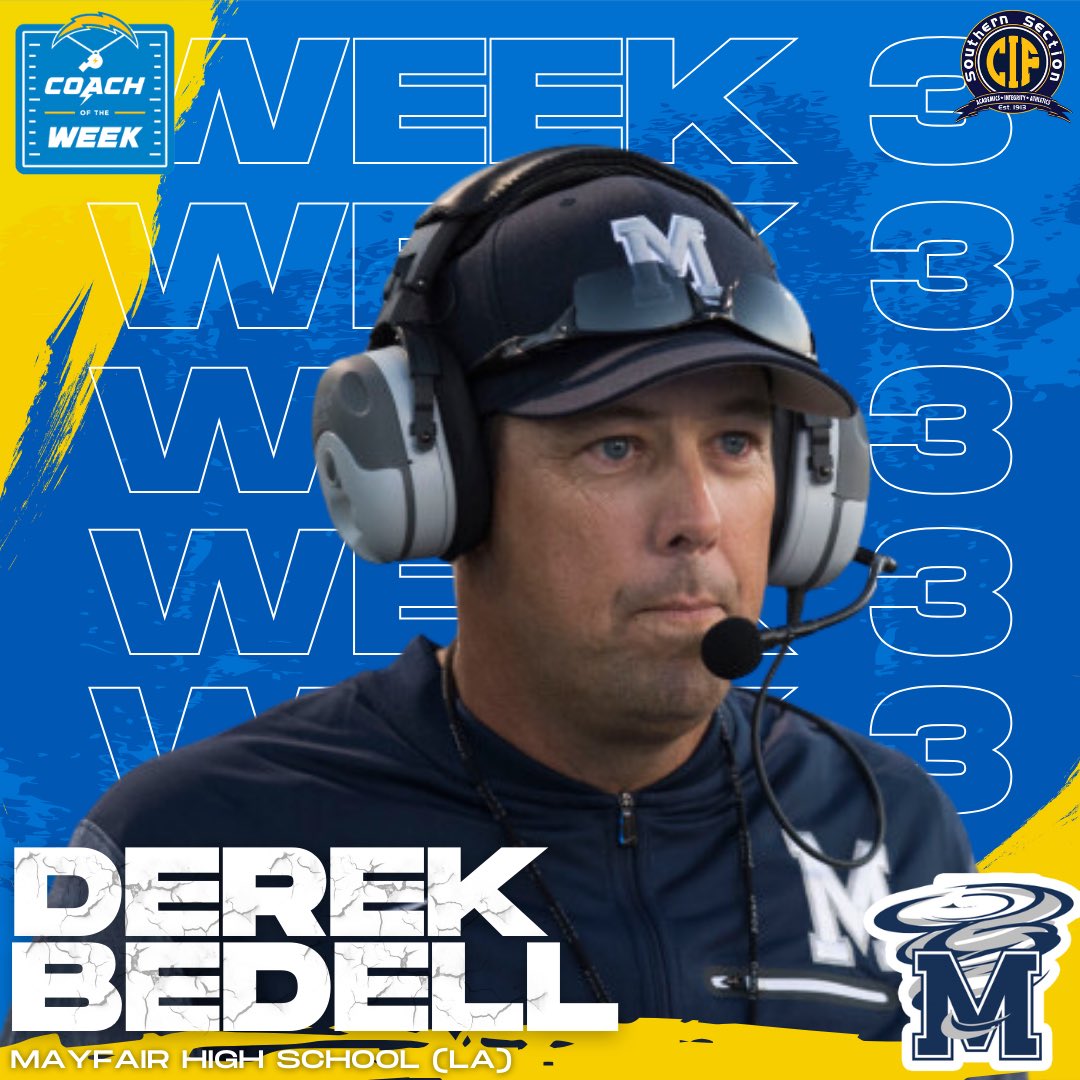 Week 3️⃣ @ChargersCR LA County Coach of the Week goes to @SoonsFootball head coach, Derek Bedell! 👏🏈⚡️ Congratulations coach, and good luck to you and your team this football season! Check back next Tuesday to see which coaches from our section are nominated for Week 4! 👀