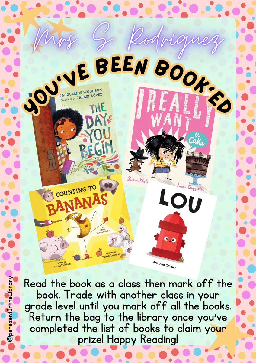 Congrats to Mrs. S. Rodríguez &amp; her class! They were the first to complete “You’ve Been Book’ed” in their grade level and earned donuts 🍩 &amp; a book for their classroom! Their favorite book was “I Really Want The Cake”! If you want some laughs and gasps definitely check out🎂!