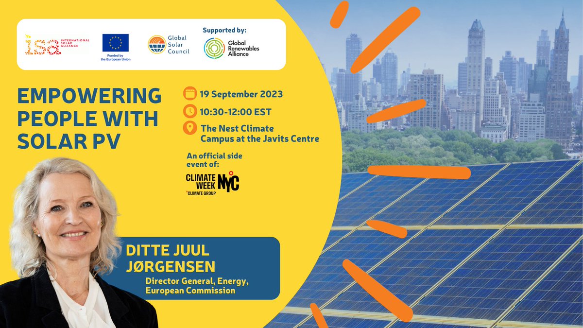 We are thrilled to have @JorgensenJuul, D-G of @Energy4Europe, deliver the keynote speech at our event with @isolaralliance as part of #ClimateWeekNY 🗽 Join us to hear how distributed #solarPV can ⬆️ #energysecurity, #jobs + #energyaccess. Register👉globalsolarcouncil.org/pages/empoweri…