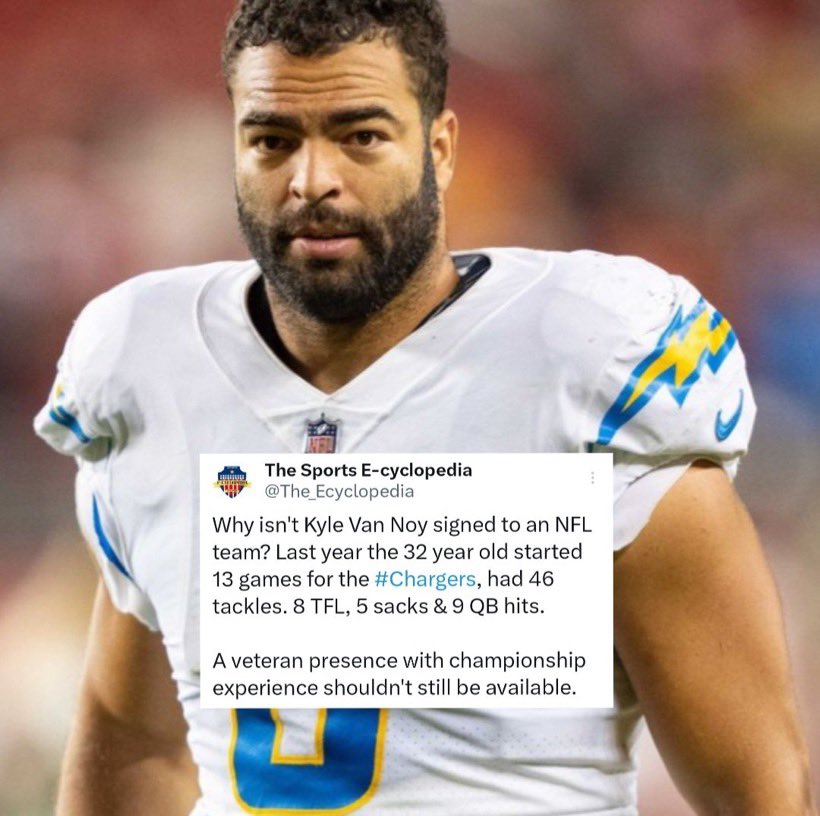 MLFootball's tweet photo. THIS IS CRAZY: How Super Bowl Champion pass rusher and #Patriots legend Kyle Van Noy still is a free agent. 

Last year the 32-year-old @KVN_03 started 13 games for the #Chargers, had 46 tackles, 8 TFL, 5 sacks, and 9 QB hits🤯

Would be some really great pass rush depth for a contender