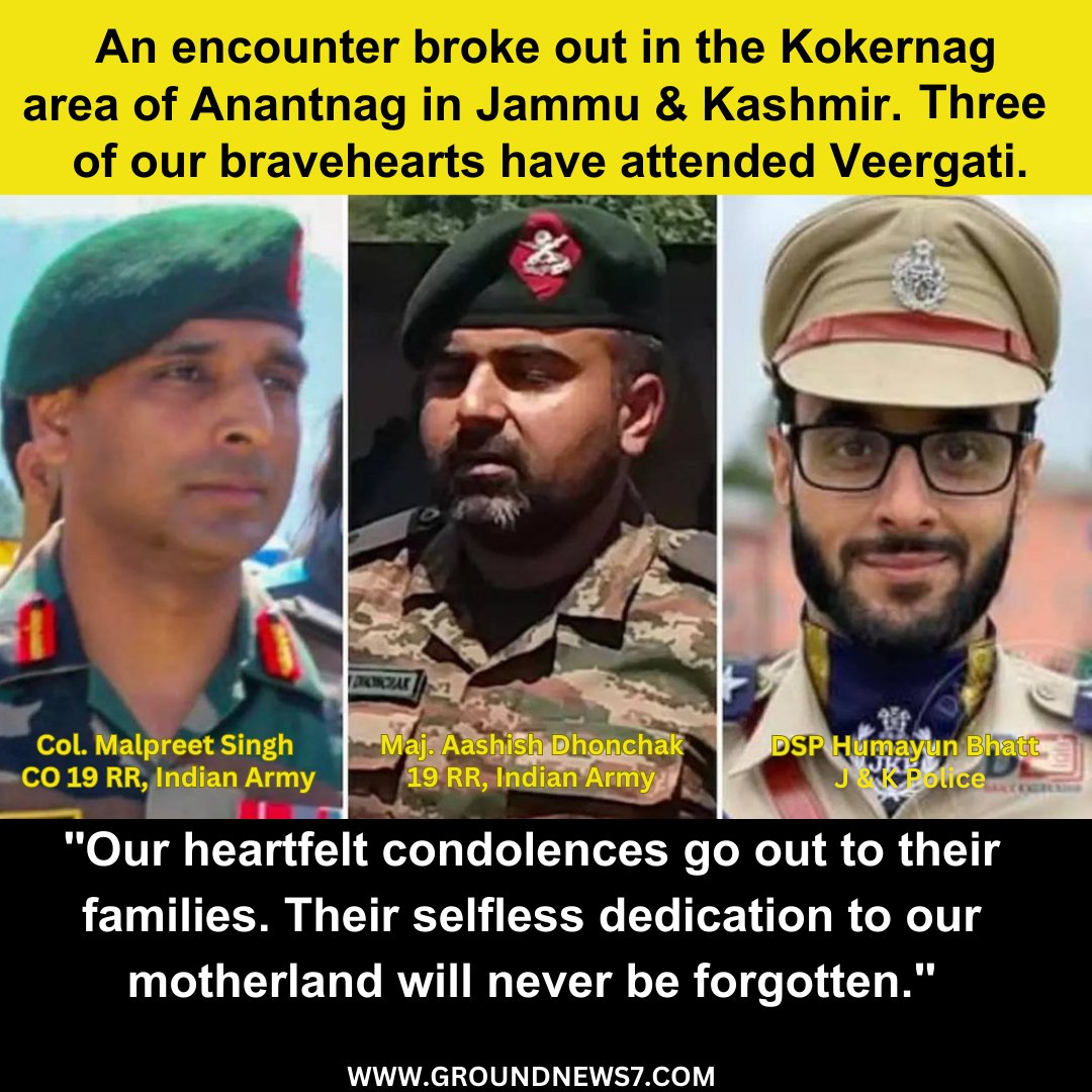 GroundNews7's tweet photo. Three officers were lost in an encounter with two Lashkar-E-Toiba terrorists in Anantnag district , J &amp; K on Wednesday. https://t.co/NZ5Isr5Q1l