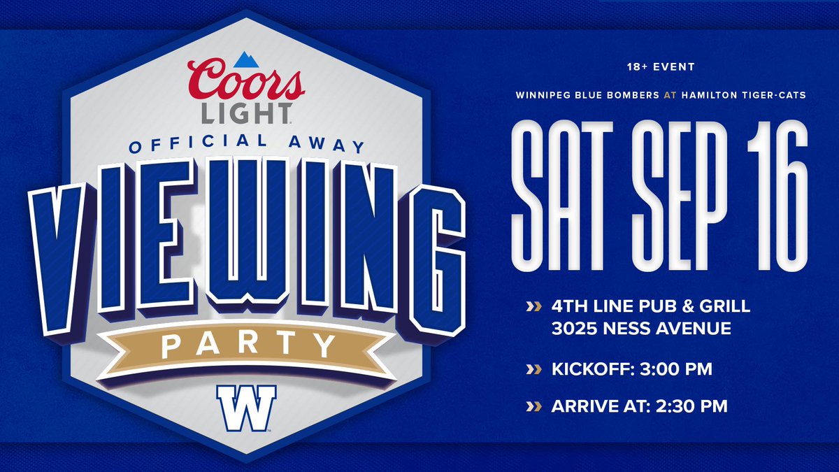 Wpg_BlueBombers's tweet photo. the party is at @4thLinePub this weekend! 

Come cheer on the boys and be entered to win Bombers prize packs, courtesy of @coorslightca 👏 

#ForTheW https://t.co/LJtvqKq2AQ