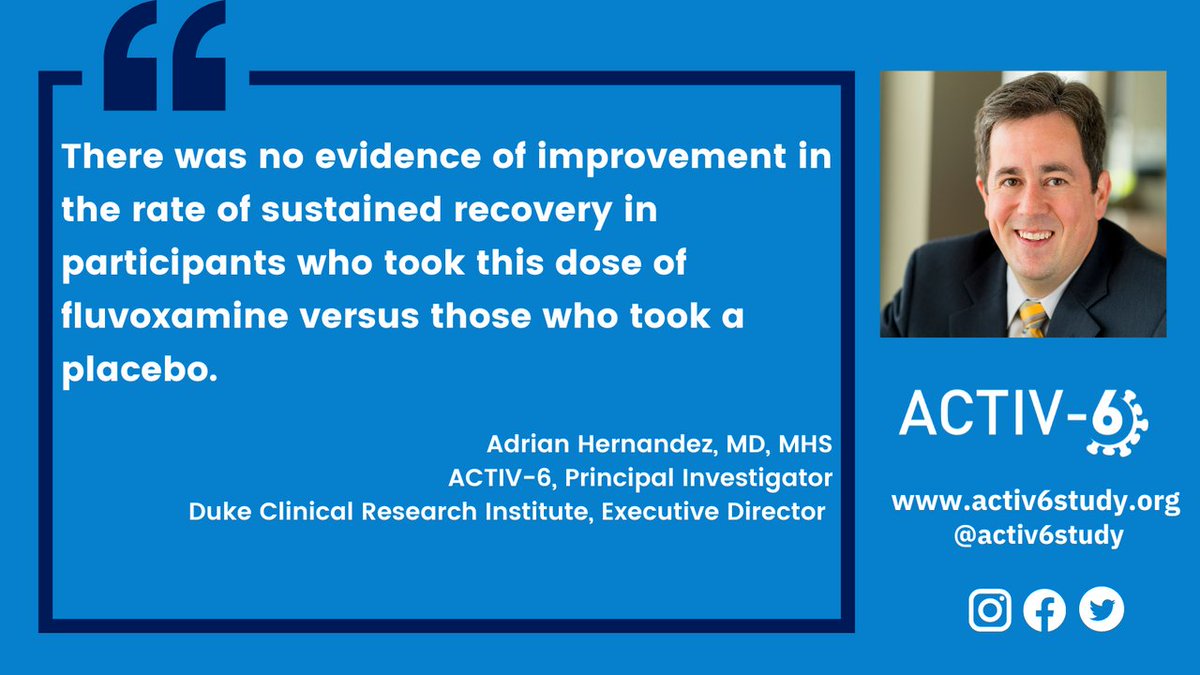 DCRINews's tweet photo. The @ACTIV6study led by the DCRI found no clinical benefit to taking 100 mg of fluvoxamine twice daily for the treatment of mild-to-moderate COVID-19 symptoms. Read #StudyResults from this @NIH #ClinicalTrial: https://t.co/xLqMfaJMD1 https://t.co/5HF5iNur2h