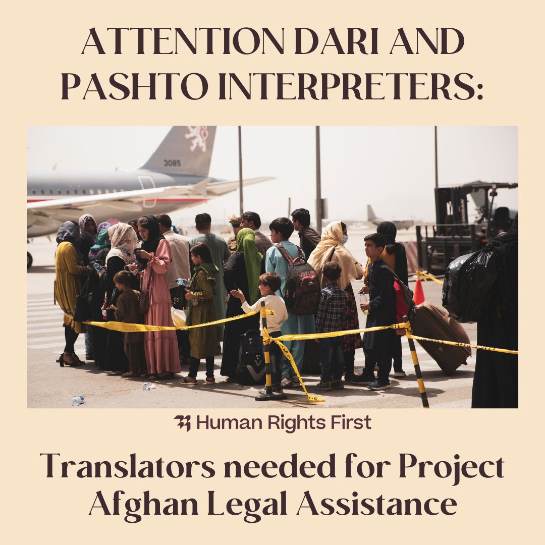 humanrights1st's tweet photo. Searching for Dari &amp; Pashto interpreters to support PALA -- Project: Afghan Legal Assistance. PALA provides essential legal aid to Afghan arrivals in the U.S. If you're fluent in Dari and/or Pashto, apply for this paid opportunity today: https://t.co/iQ8jimkNGO https://t.co/V2U4u7jYUf