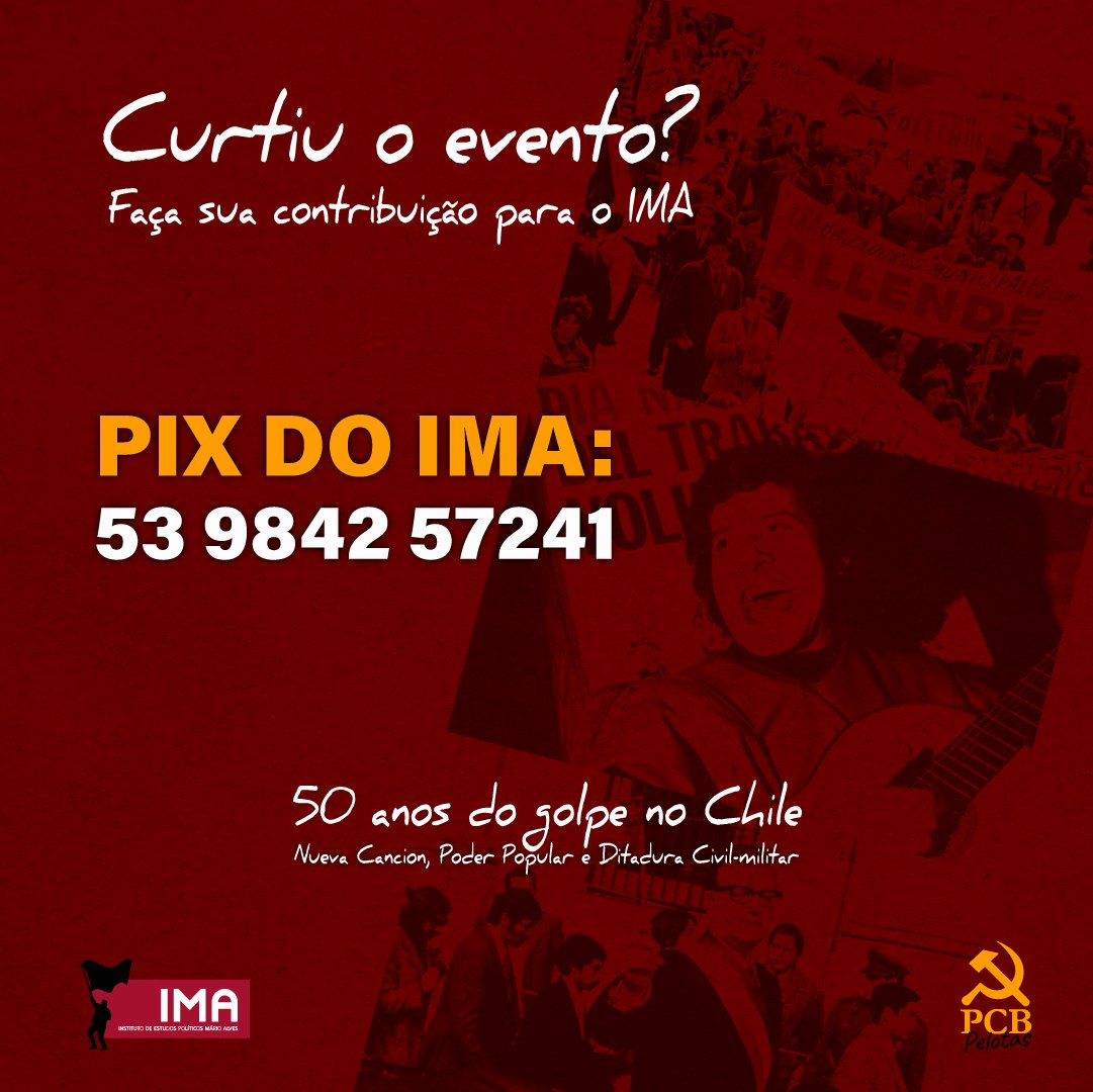 PCBPelotas's tweet photo. 50 anos do golpe que derrubou o governo de Salvador Allende no Chile.

No próximo sábado (16/09), o PCB juntamente com o IMA (Instituto Mário Alves), estarão realizando um cine-debate e sarau em alusão a este acontecimento histórico que marcou a América Latina. 👇🏽 https://t.co/pgx10gmlGS