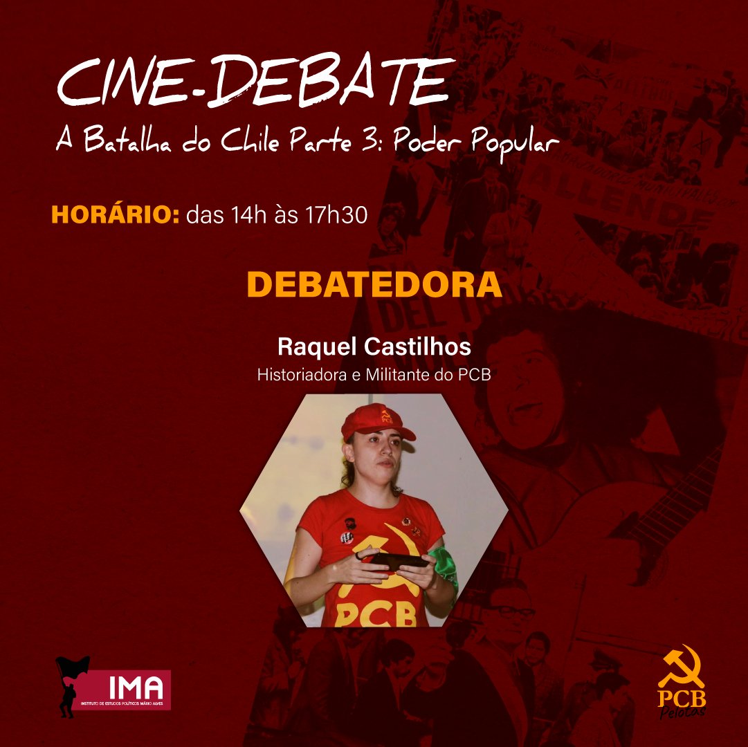PCBPelotas's tweet photo. 50 anos do golpe que derrubou o governo de Salvador Allende no Chile.

No próximo sábado (16/09), o PCB juntamente com o IMA (Instituto Mário Alves), estarão realizando um cine-debate e sarau em alusão a este acontecimento histórico que marcou a América Latina. 👇🏽 https://t.co/pgx10gmlGS