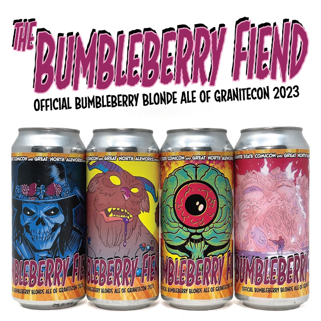 We teamed up with @granitecon to brew The Bumbleberry Fiend.⁠ 4 fan-favorite artists created original artwork. ⁠ Available at GNA Fri 9/15 as well as throughout NH! ⁠ MEET & GREET! With the artists at GNA Sat 9/16 7-9PM @bishart @johnraygun @craigrousseau⁠ @josephschmalke⁠
