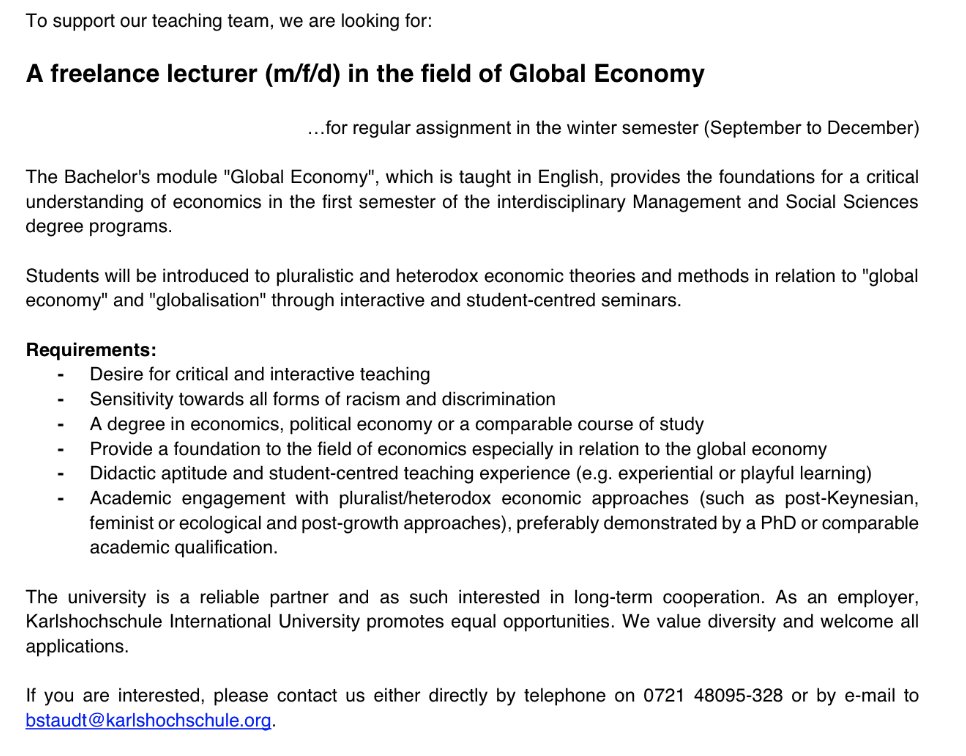 RobertLepenies's tweet photo. We are looking for someone to teach a course in Global Economy (heterodox/pluralist/progressive and fun) on pretty short notice starting in a couple of weeks at @karlshochschule  - hit me up if you know someone who knows someone! https://t.co/O0vgWhNx8c