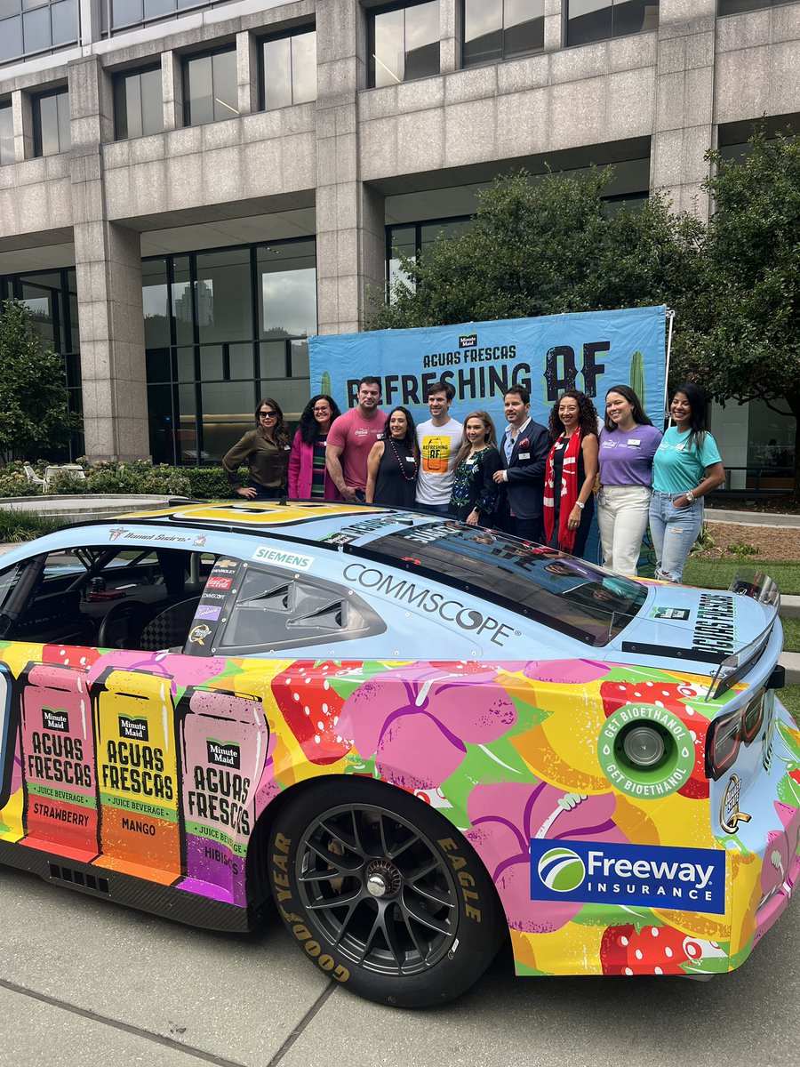 Daniel_SuarezG's tweet photo. I am super excited to unveil the 99 @MinuteMaid Aguas Frescas paint scheme for this year’s Bank of America Roval 400 with my amigos at the @CocaCola headquarters here in Atlanta! 🍓🥭🌺 #RefreshingAF #RapidoAF #CokePartner #TeamChevy https://t.co/Dp5Cn1Zj21