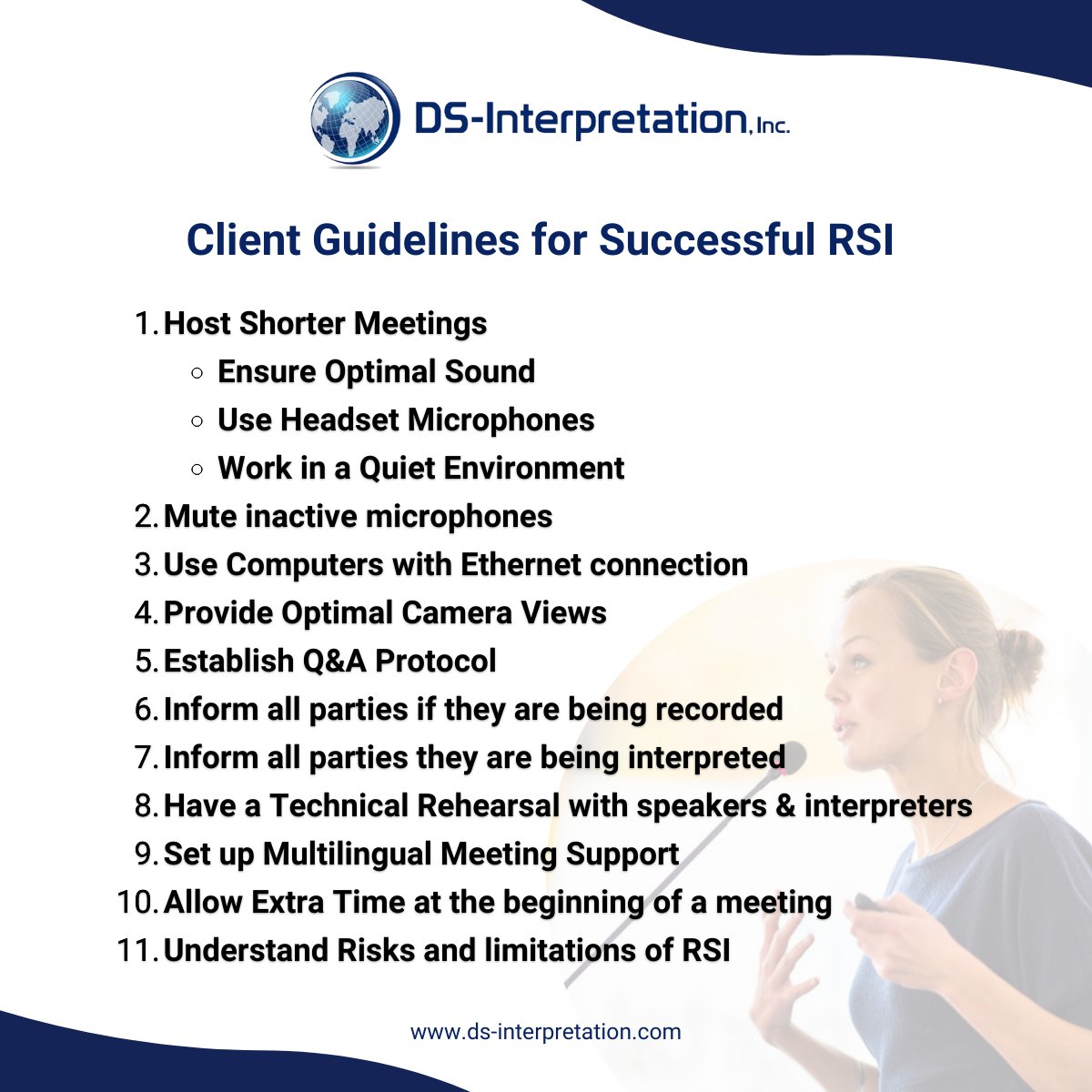 Client Guidelines for Successful RSI 

RSI (Remote Simultaneous Interpretation) is a tool that creates access to interpretation services. 

Check out the best practices: ds-interpretation.com/client-guideli…

#rsi #languageserviceprovider #eventplanner #remoteinterpreting