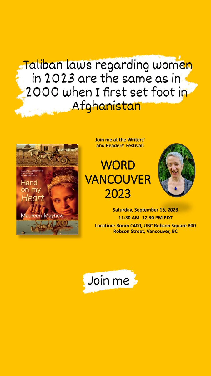 If you are in #Vancouver and interested in seeing how #Taliban laws 23 years ago c/w with those of today, I invite you to a #bookevent this coming Saturday at the <a href="/WORD_Vancouver/">Word Vancouver</a> festival. <a href="/BetsyWarland/">Betsy Warland</a> <a href="/caitlinpress/">Caitlin Press</a> #Afghanistan <a href="/4afghanwomen/">Women's Forum on Afghanistan</a> #AfghanWomen <a href="/CBCNews/">CBC News</a>