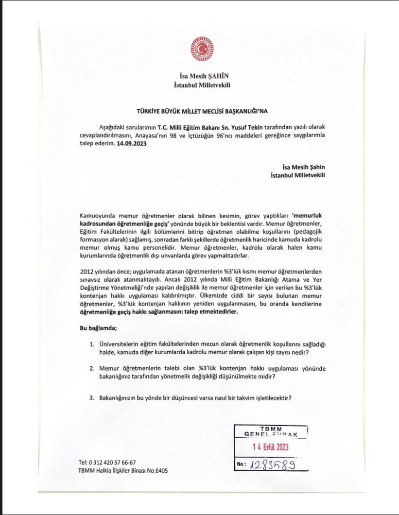 #MemurÖğretmenler 2012 yılındaki yönetmelik değişikliğine itiraz ediyor, %3’lük kontenjan hakkının iadesini istiyor. 

Konuyu TBMM’ye taşıdık, Sn. Bakanın yanıtlaması için yazılı soru önergesi verdik. 

Konunun takipçisi olmaya devam edeceğiz.