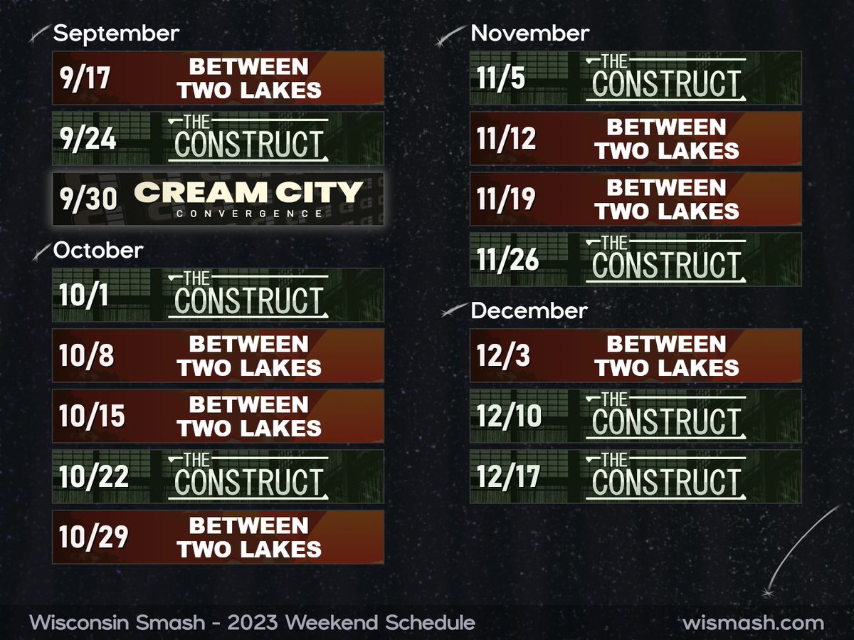 WisconsinSmash's tweet photo. If you're feeling unsure about your local tournament dates, simply look to the stars 💫 All listed events feature Melee, Ultimate, and Project+! https://t.co/JrMuM0F4Zs