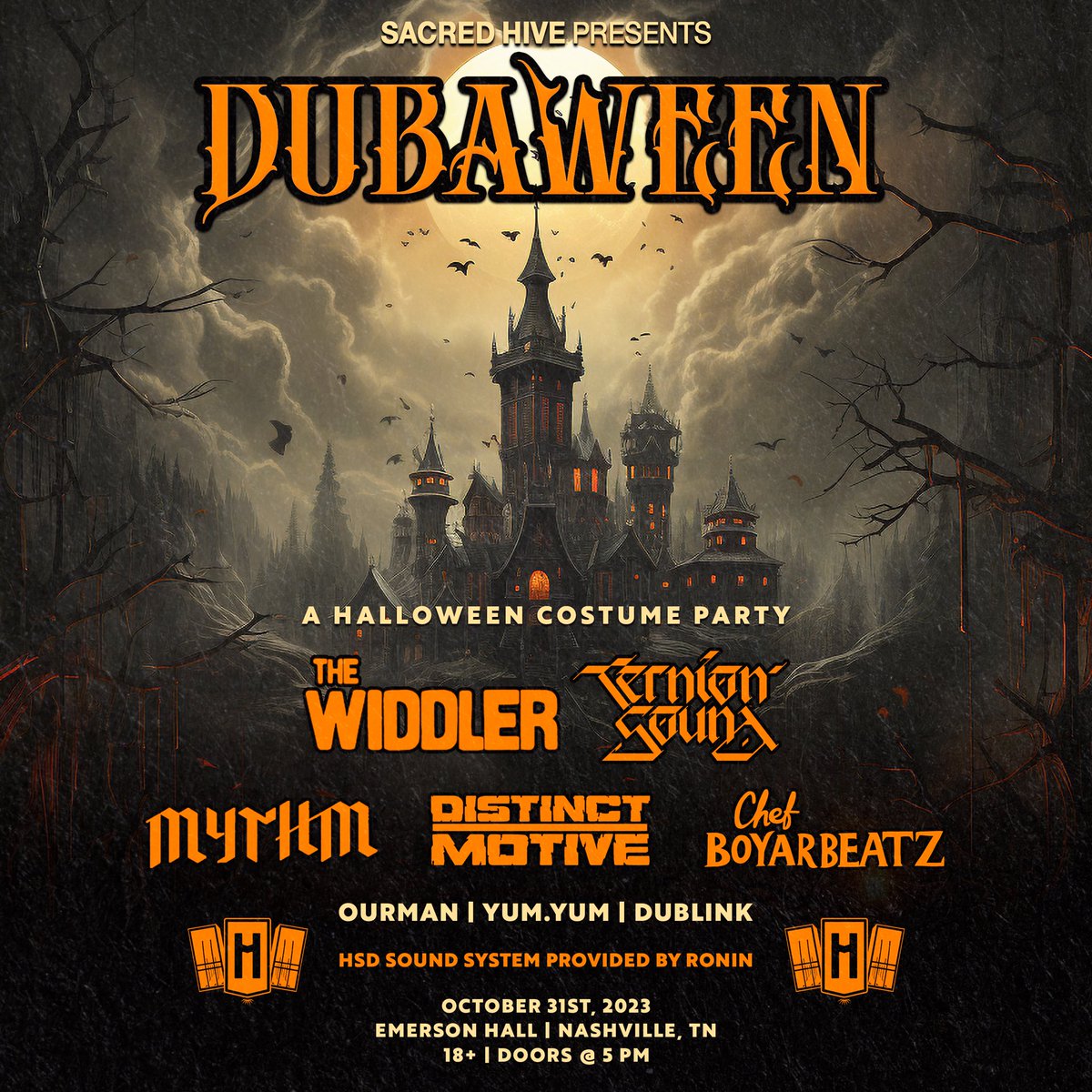 Sacred_Hive's tweet photo. DUBAWEEN 2023! 👻

We are pleased to announce the full lineup for the 6th annual Dubaween featuring a massive HSD sound system.

We’re giving away 2 VIP tickets for you and a friend! 🎃
1. Must be following @Sacred_Hive 
2. Like &amp; RT this post

Winner picked on Sept. 22nd! https://t.co/EnT9KEzItc