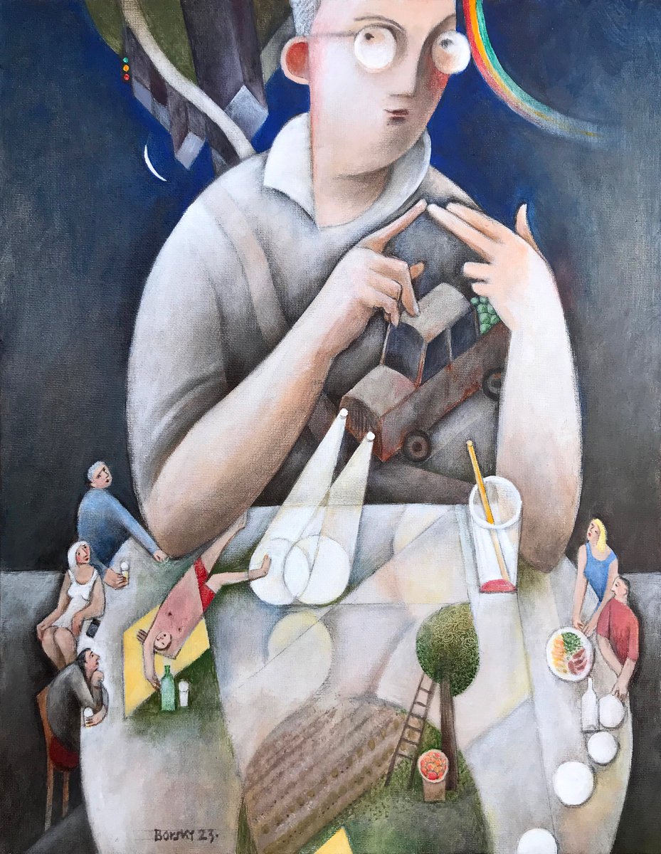 "Raconteur", acrylic, about 18 x 14 inches.
Inspired by recent amusing encounter round our dinner table. The story conveyed might have been quite different though!