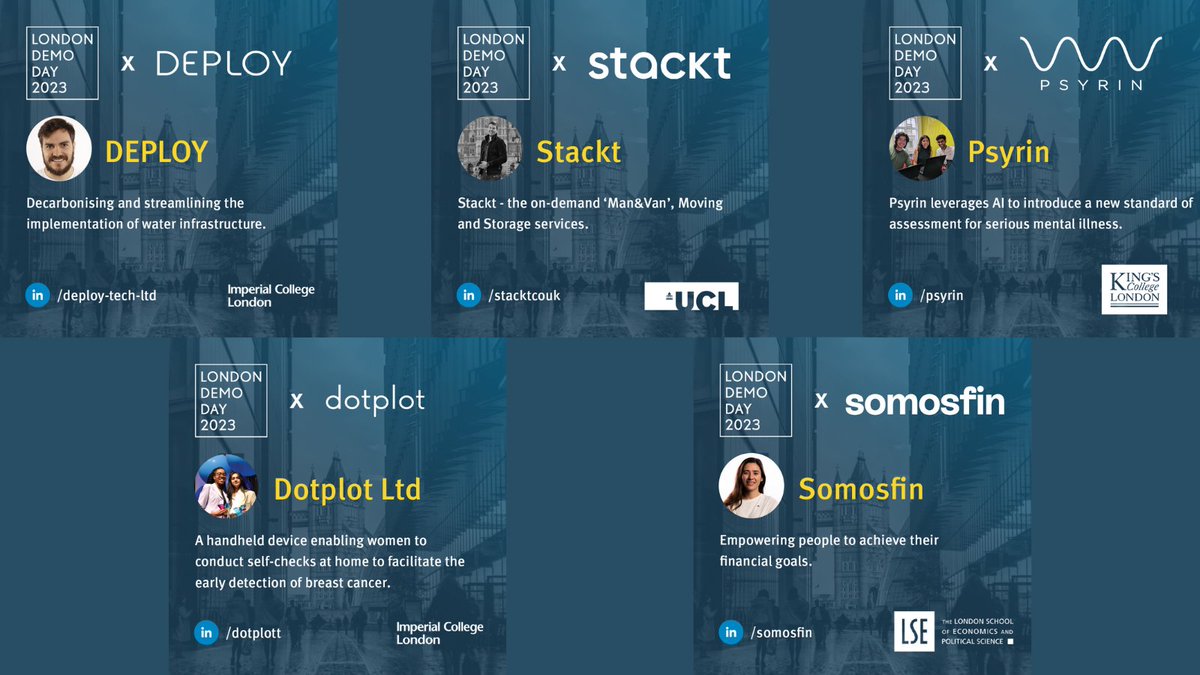 InnovateKings's tweet photo. @LSEnews @LSEGenerate @Imperial @ICEnterpriseLab @KingsCollegeLon @artfolapp @ucl @UCLEnterprise @speekhealth And our final five are... ⬇️
👉 Deploy (@Imperial, @ICEnterpriseLab, @deploywater)
👉 Psyrin (@KingsCollegeLon, @PsyrinUK)
👉 Stackt (@UCL, @UCLEnterprise)
👉 Somosfin (@LSEnews, @LSEGenerate, @somosfin)
👉 Dotplot (@Imperial, @ICEnterpriseLab)
#LDD23 #LondonDemoDay2023 https://t.co/TuwjZHH2T0