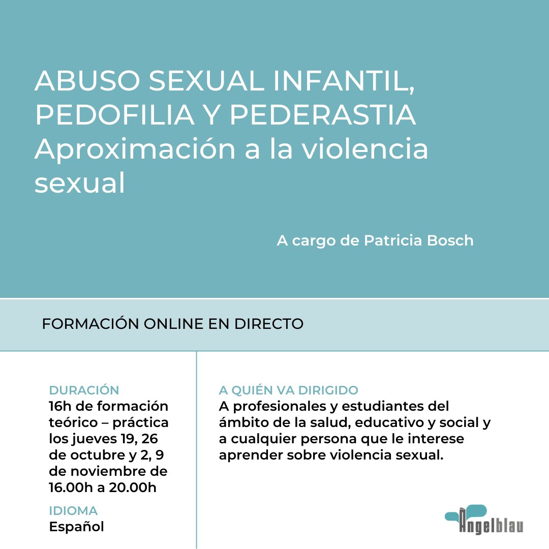 Ya está aquí la 4a edición de la formación impartida por <a href="/patriciaboschg/">patricia bosch</a>: "Abuso sexual infantil, pedofilia y pederastia. Aproximación a la violencia sexual. Esta formación es para ti, si lo que buscas es una aproximación diferente en materia de violencia sexual y aprender sobre: