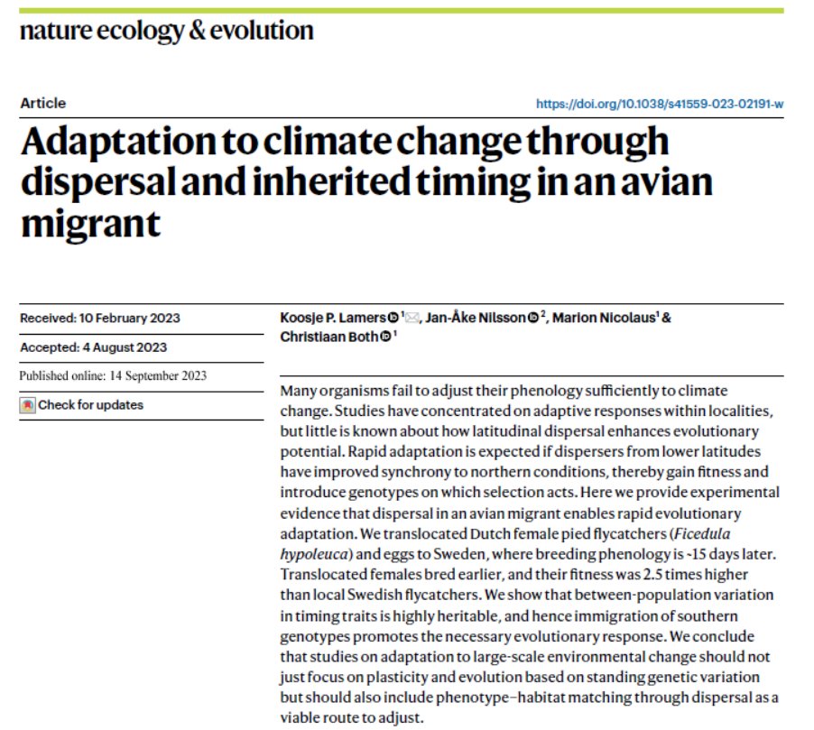 I'm so excited!! The craziest experiment you've read about in a long while and crown jewel of my PhD is now published with @SpringerNature in @NatureEcoEvo! Can dispersal help birds adapt to climate change? Read our paper here: rdcu.be/dl9ZH or in the thread below[1/8]