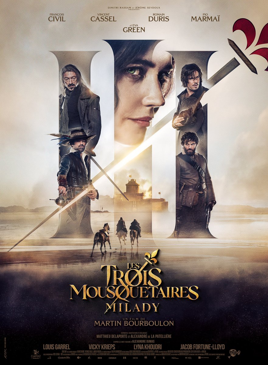 GQ_France's tweet photo. Voici l’affiche des "Trois Mousquetaires : Milady", le 2nd volet du diptyque de @MBourboulon avec François Civil, Pio Marmaï, Vincent Cassel, Romain Duris et Eva Green. Le film sort le 13 décembre 2023. La 1ère partie avait réalisé 3,3 millions d'entrées au printemps dernier. https://t.co/N1mDWkWqRf