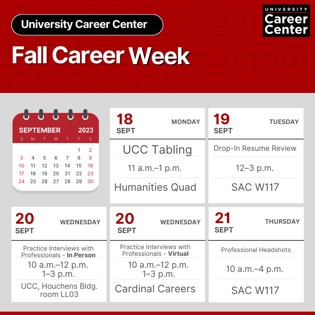 UofLDRC's tweet photo. Fall Career Week begins this coming Monday!

Monday is the LAST DAY to register for the Practice Interviews with Professionals sessions, both in-person and online!

Login to your Cardinal Careers account for more info.

Which event are you looking forward to?

#UCC #CardsGetHired https://t.co/6FC6y5rvBy