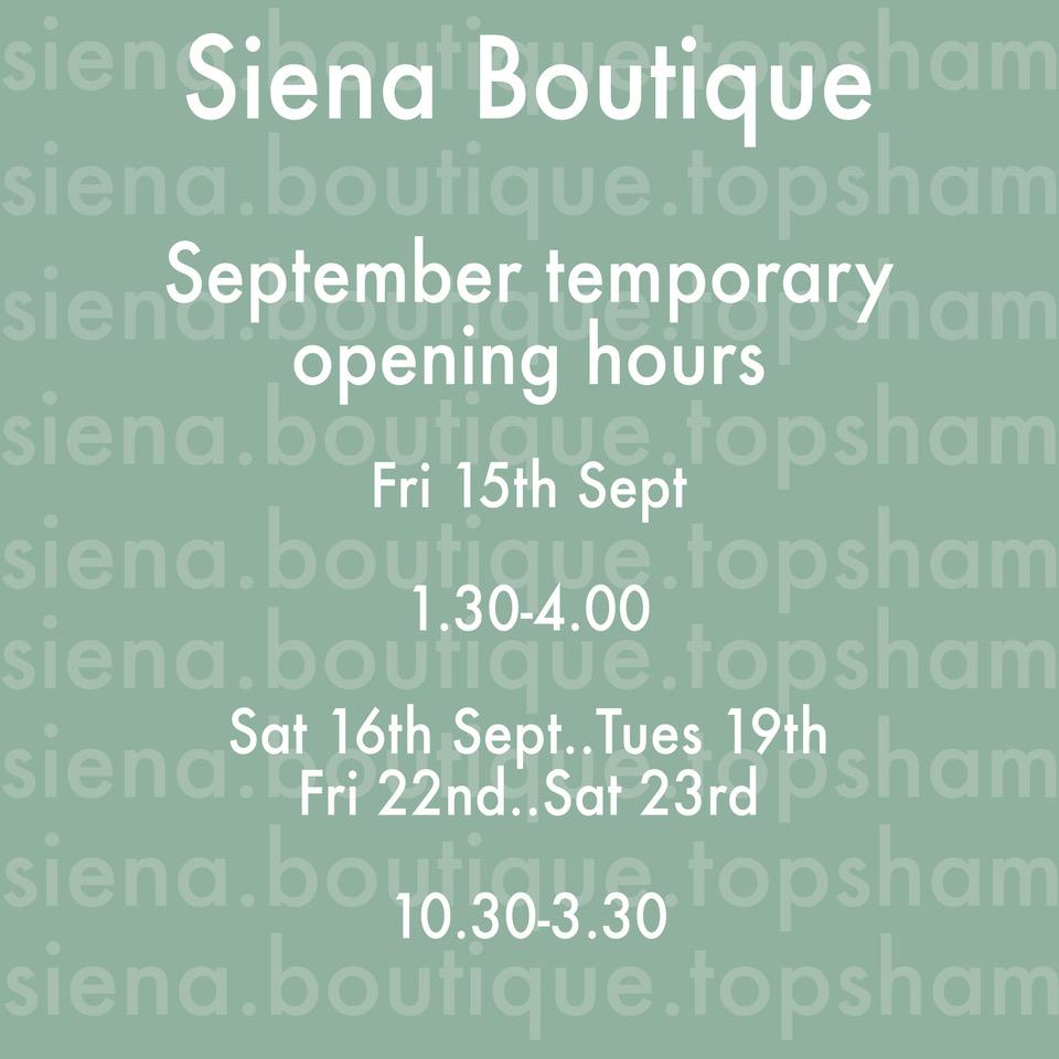 Hi friends,

Some revised opening hours here for the next 10 days, then back to normal from Tues 26th September ... 💖💋

#topsham #shoplocal #boutique