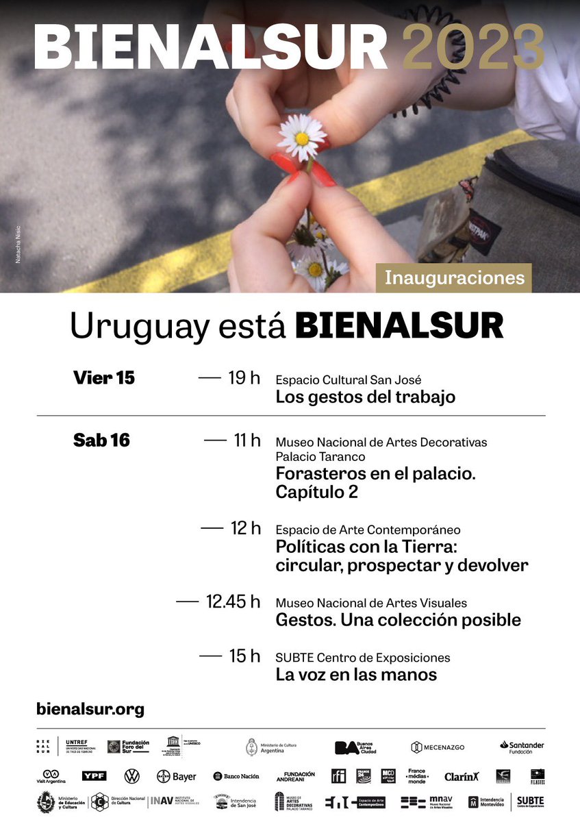 ¡Uruguay en la BienalSur 2023!

Este viernes 15 inaugura la #BIENALSUR2023 en el Espacio Cultural de 
<a href="/sanjosegobierno/">Intendencia de San José</a> .

El sábado 16 inaugura en Montevideo: Museo Artes Decorativas, <a href="/eac_uruguay/">Espacio de Arte Contemporáneo / EAC</a>, <a href="/MuseoMNAV/">Museo Nacional MNAV</a> y en SubteMvd.

¡Los esperamos!

<a href="/CulturaMEC/">Cultura MEC</a>