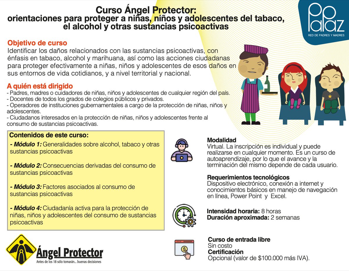 RedPaPaz's tweet photo. ¿Cuáles son las consecuencias de que niñas, niños y adolescentes consuman sustancias psicoactivas? En el curso virtual #AngelProtector conozca como podemos protegerlos de los daños asociados al tabaco, alcohol y marihuana
#FeriaBonita de #Bucaramanga https://t.co/E0XihlfSex