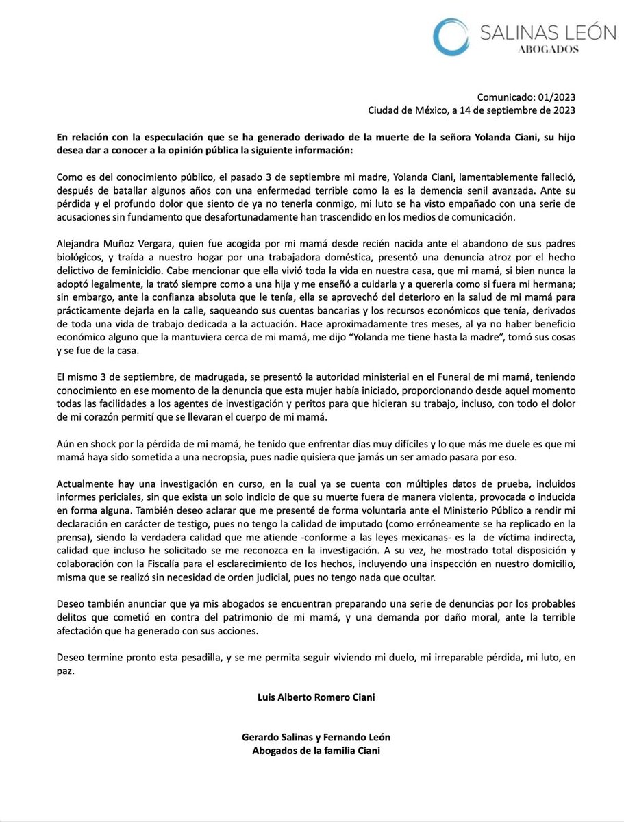 Les comparto el comunicado sobre la muerte de Yolanda Ciani