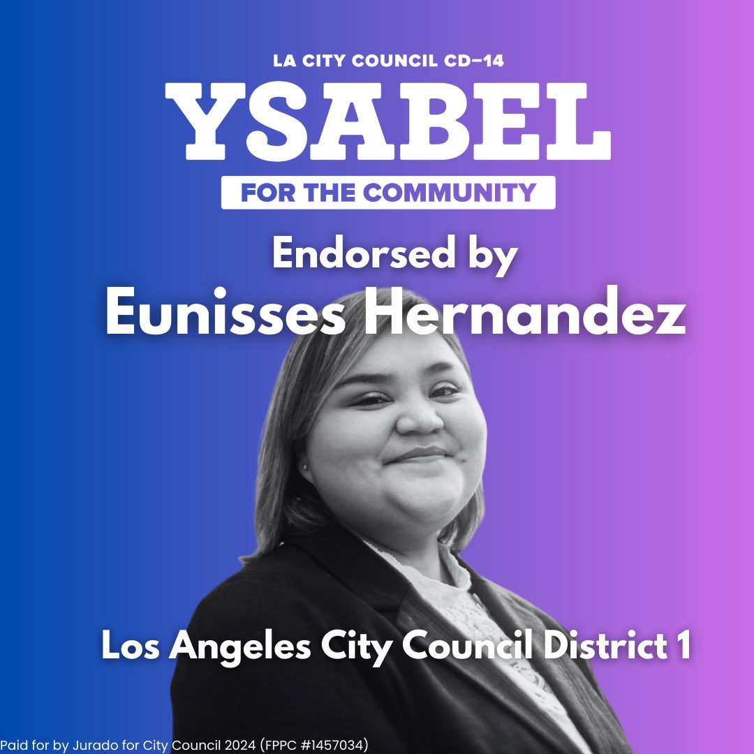 YsabelJuradoLA's tweet photo. Councilmember @EunissesH's dedication to our communities has inspired me and set the gold standard for servant leadership.

I’m so honored to have earned her endorsement. I can't wait to work with her at City Hall to disrupt the status quo and deliver real change for LA. ✊🏽 https://t.co/Fxd1BCWcnh