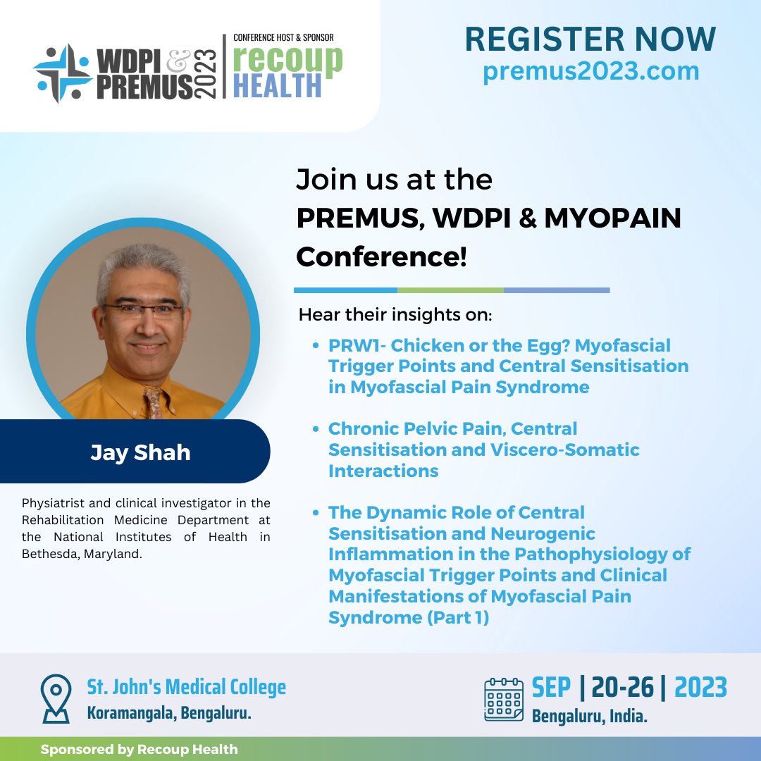 Premus_2023's tweet photo. Register: https://t.co/PHVsodEdw8

Dr Shah and Dr Srbley’s sessions at the  upcoming PREMUS, WDPI, &amp; MYOPAIN conference explore exciting new horizons for diagnosing and treating Myofascial Pain Syndrome.

Calling all medical professionals, students, and researchers! https://t.co/PivEgquX4Q